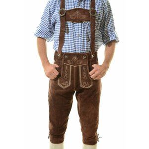 Lederhosen4U Mens Max Lederhosen Brown Suede Pants Embroidery Bavarian